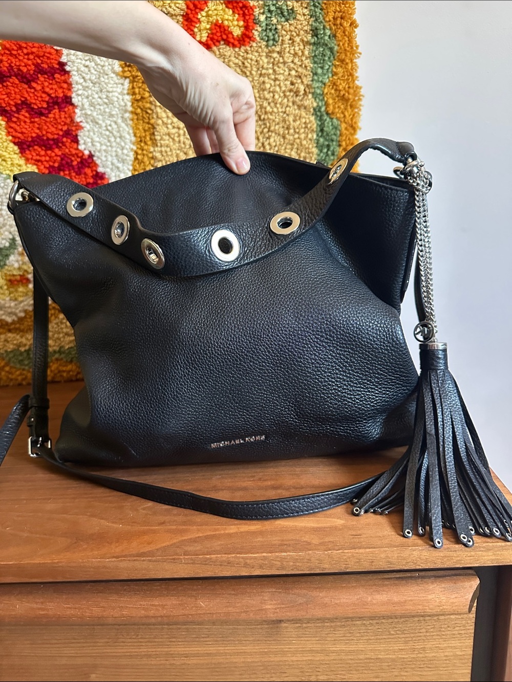 Michael Kors Classic Hobo Grommet Black Leather Tassel Shoulder Bag